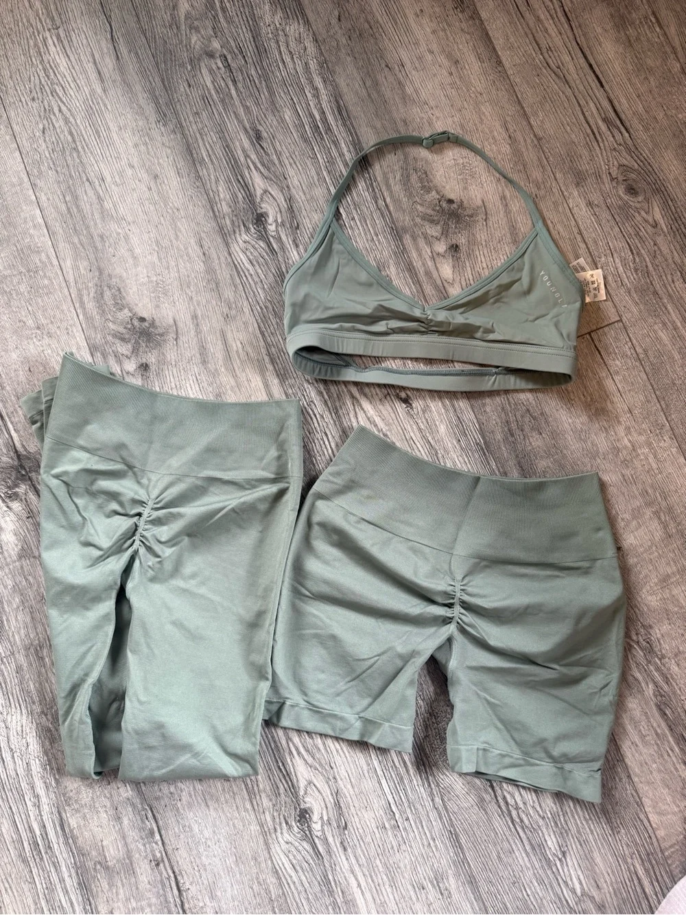 YoungLA Sage Green Activewear Set - Top, Sports Bra, Leggings